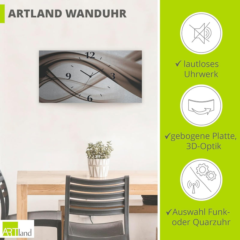 ARTLAND Wanduhr ohne Tickgeräusche Alu Funkuhr 50x25 cm Eckig Lautlos 3D Design Abstrakt Kunst Moder