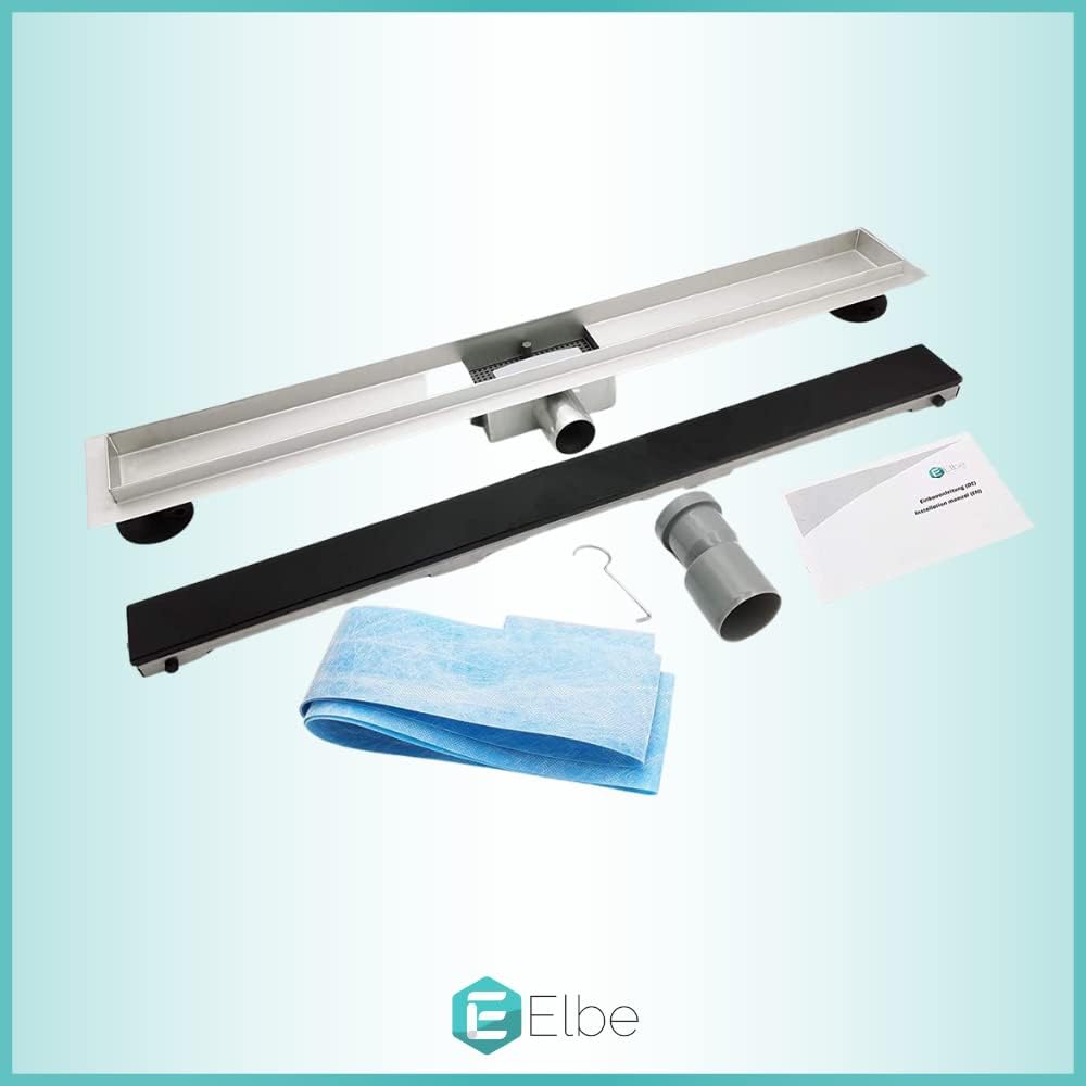 Elbe Duschrinne 100cm Extra Flach 304 Edelstahl Bodenablauf mit Schwarzer Glasabdeckung Komplettset