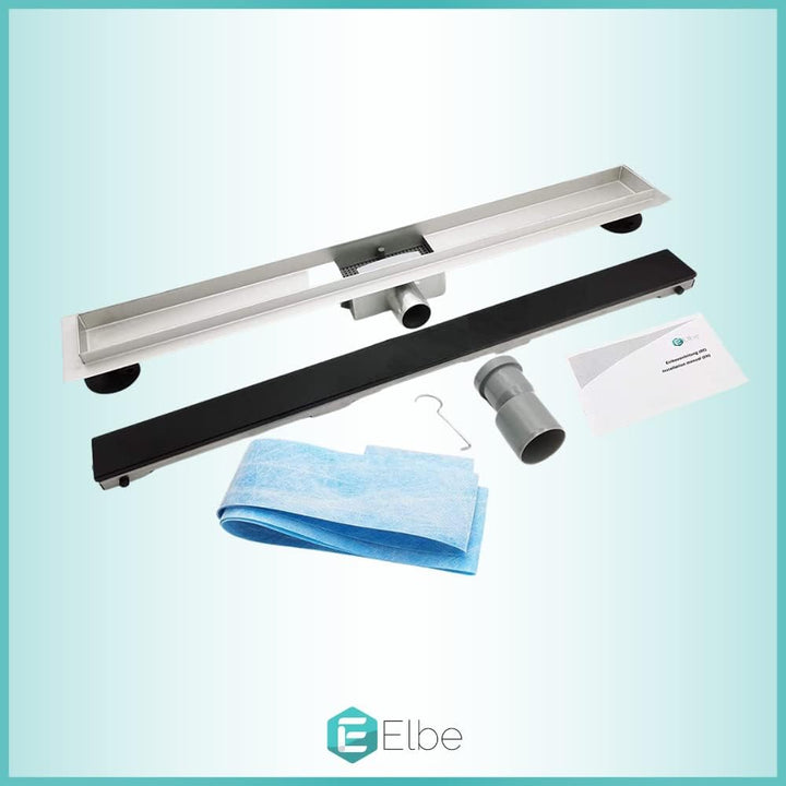 Elbe Duschrinne 100cm Extra Flach 304 Edelstahl Bodenablauf mit Schwarzer Glasabdeckung Komplettset