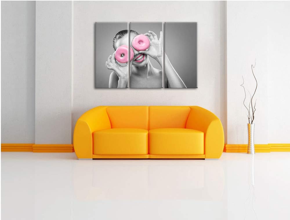 lustige Frau mit rosa Donut Augen schwarz/weiss 3-Teiler Leinwandbild 120x80 Bild auf Leinwand, XXL