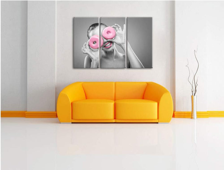 lustige Frau mit rosa Donut Augen schwarz/weiss 3-Teiler Leinwandbild 120x80 Bild auf Leinwand, XXL