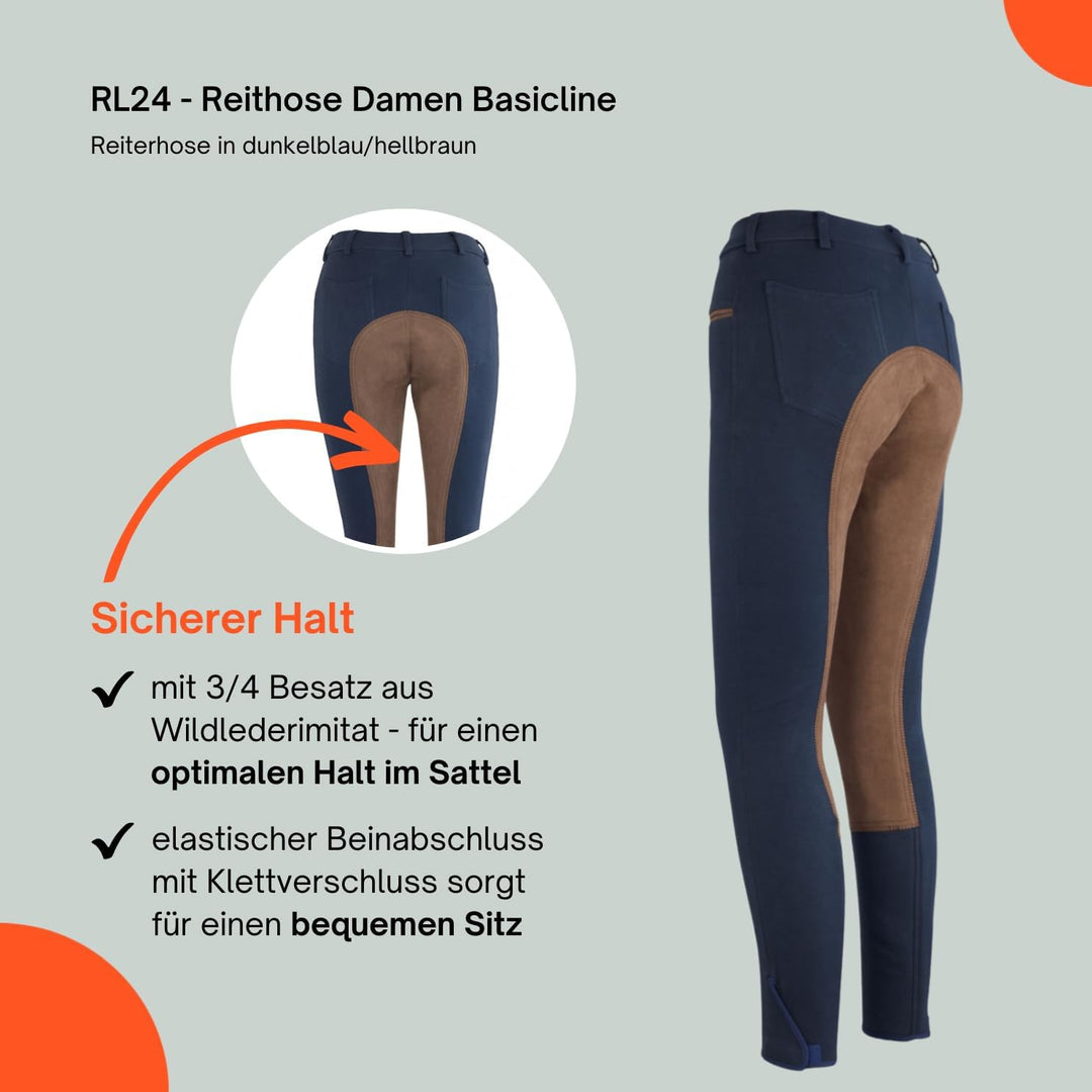 RL24 - Damen Reithose Vollbesatz BASICLINE, Dunkelblau/Hellbraun