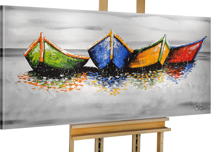 Monica Mirafiori I 100% HANDGEMALT I Gemälde Boote am Strand 140x70cm | Gemälde Handgemalt | Acrylge