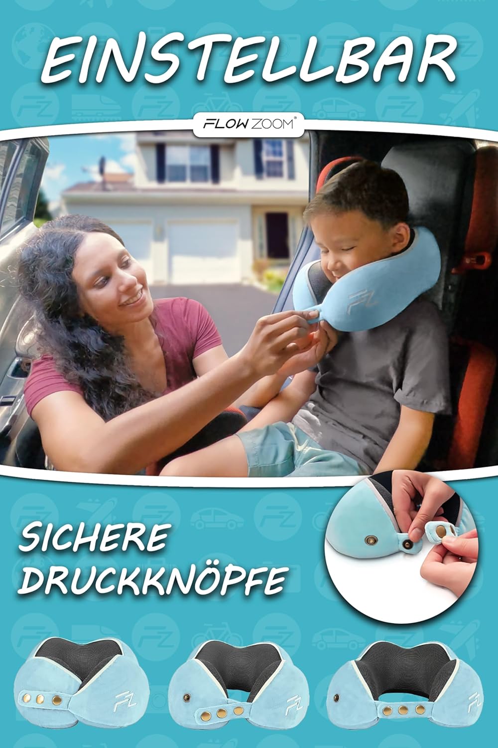FLOWZOOM Nackenkissen für Kinder ab 3 Jahre - auch für Kinderautositze geeignet - einstellbares Memo