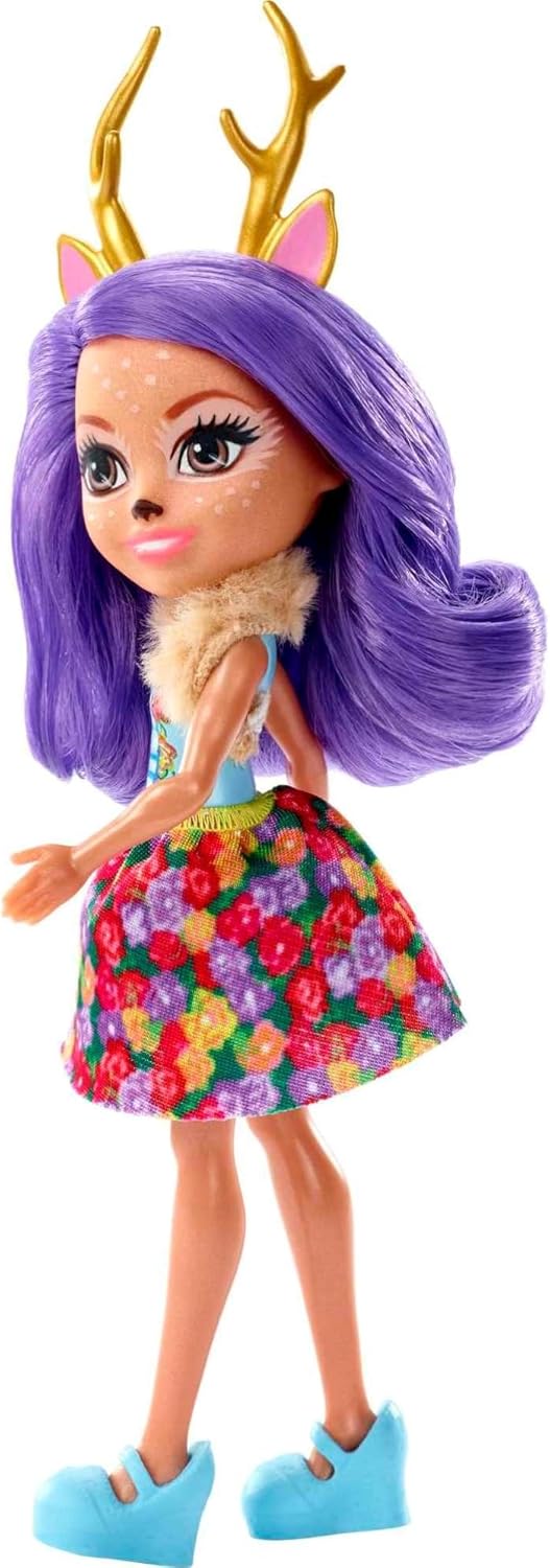 Enchantimals FXM75 - Danessa Deer Puppe & Sprint Figur, Puppe (15cm), Lange Violette Zöpfe, Tierohre
