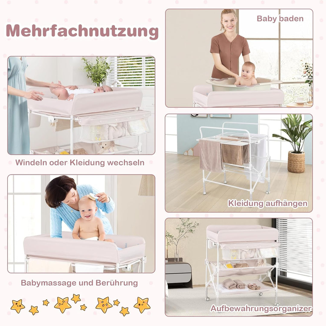 COSTWAY 5 in 1 Wickelkommode, Wickeltisch klappbar, Wickelstation höhenverstellbar mit Seitenkorb, R