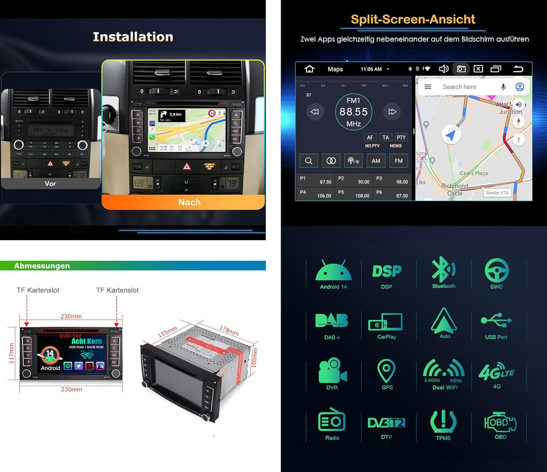 Acht-Kern Android 14 Autoradio Für VW T5 Multivan Touareg 4GB RAM + 64GB ROM mit Navigation GPS DSP