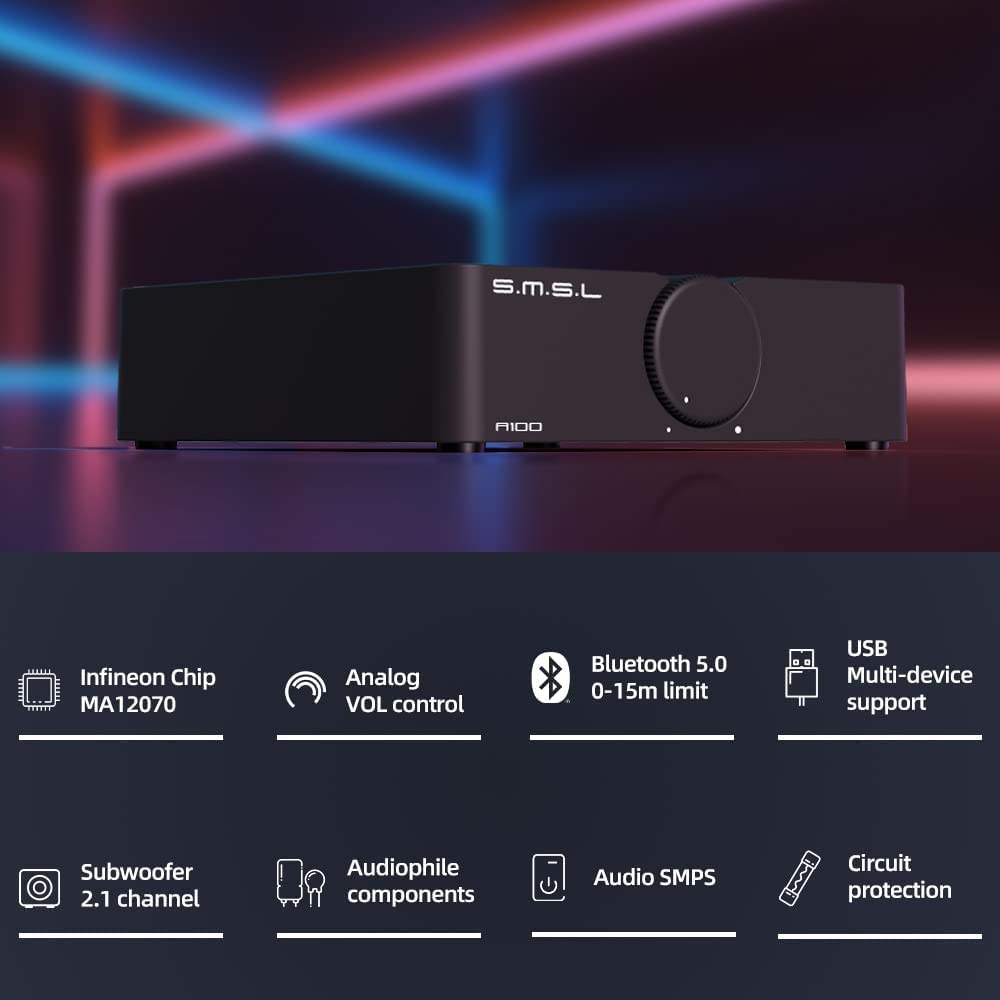 SMSL A100 Verstärker Hifi Stereo, Hifi Verstärker Verwendet Infineons Chip MA12070, 2 * 80W Ausgangs