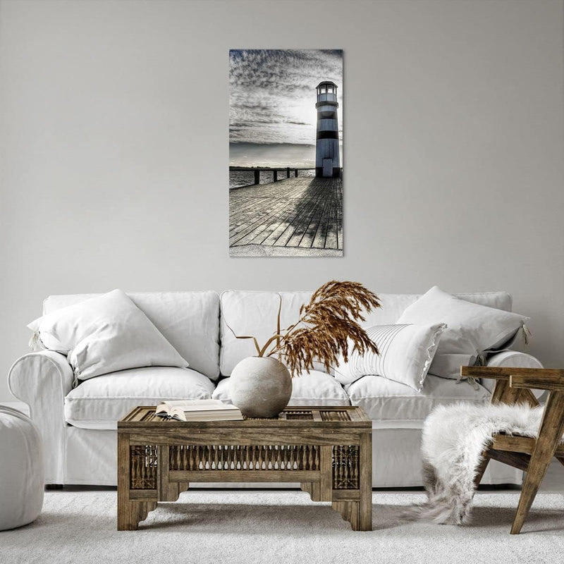 Bilder auf Leinwand 55x100cm Leinwandbild mit Rahmen See Leuchtturm Holzbrücke Wasser Gross Wanddeko