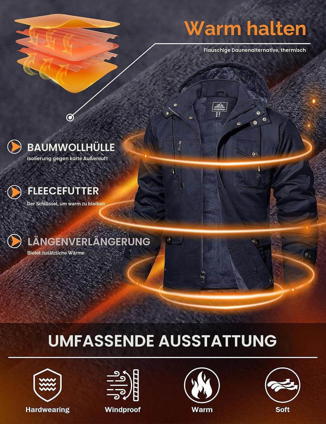 MAGCOMSEN Winterjacke Herren Warm Gefüttert Jacke Fleece Winterparka Winddicht Outdoor Übergangsjack