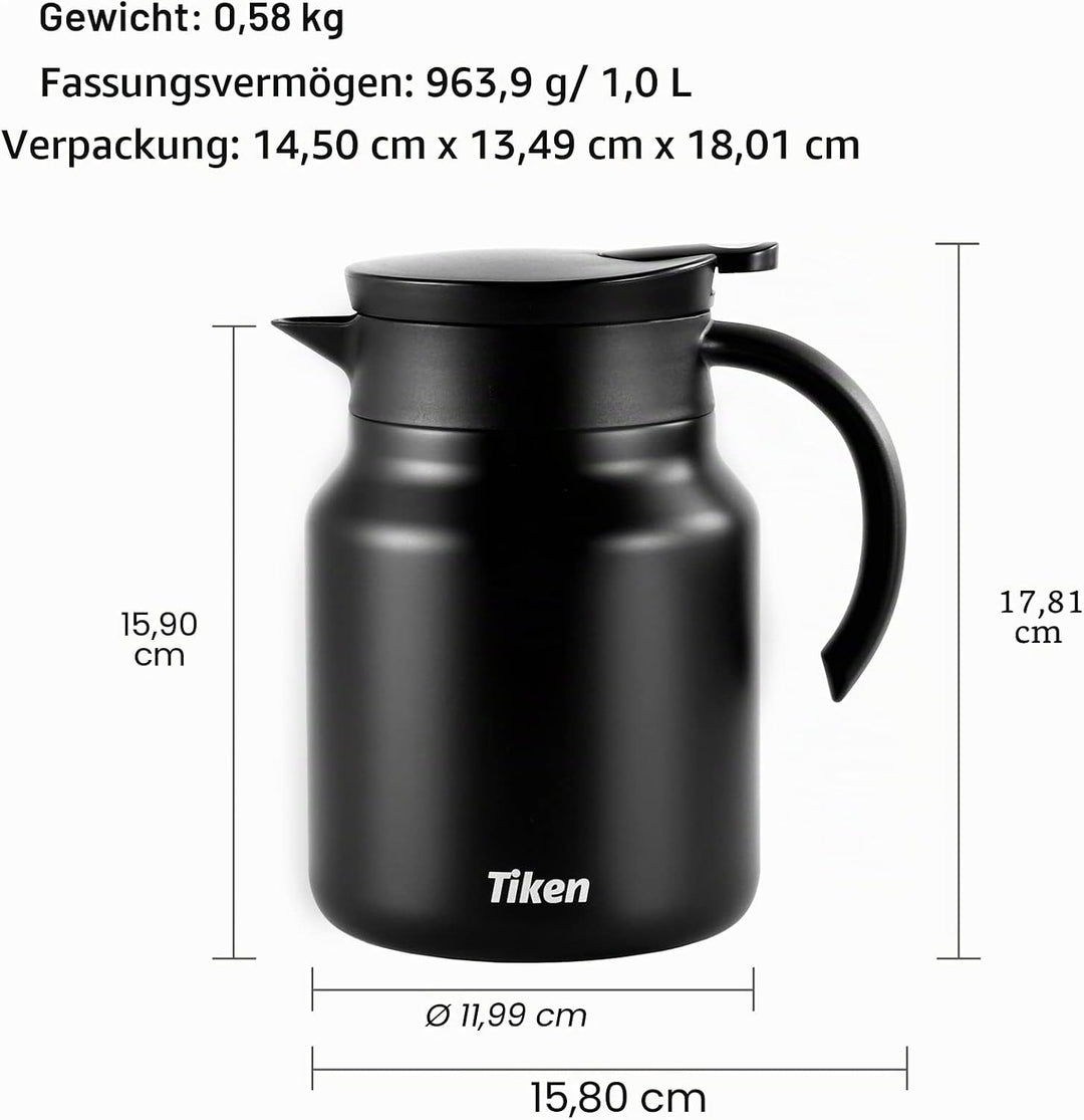 Tiken 1L Thermoskanne aus Doppelwandingem Edelstahl Isolierkanne Kaffeekanne mit Quick Tip Verschlus