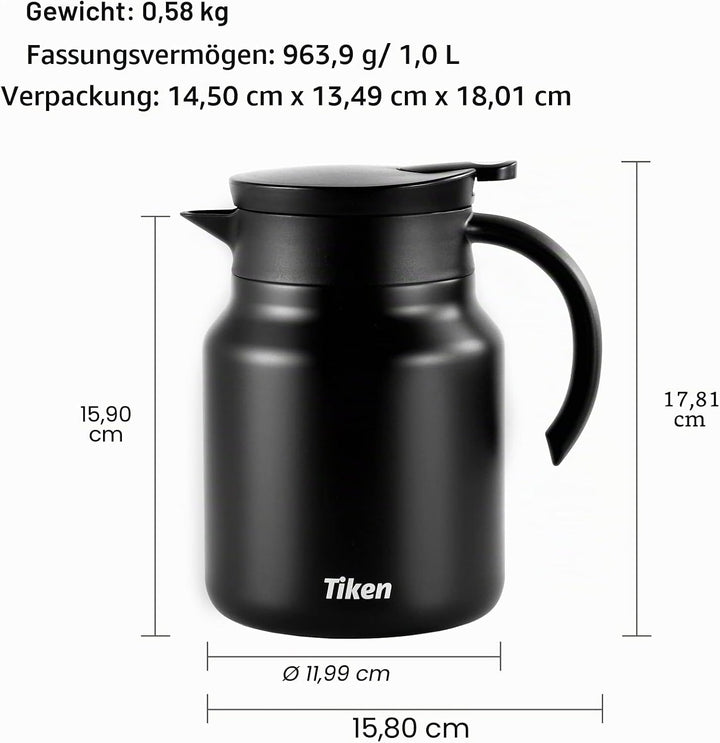 Tiken 1L Thermoskanne aus Doppelwandingem Edelstahl Isolierkanne Kaffeekanne mit Quick Tip Verschlus