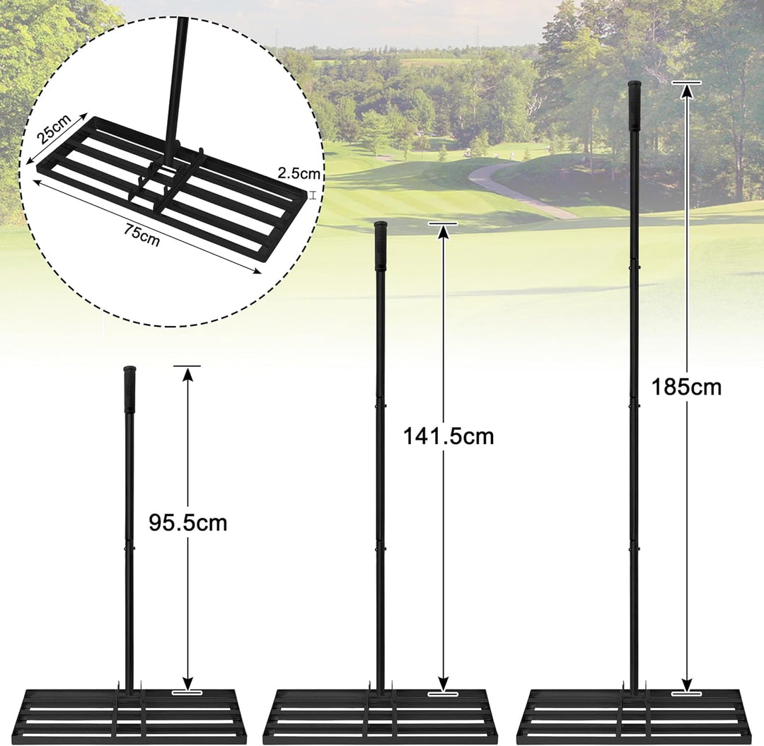 Lawn Leveling Rake Rakel 75x25 cm Schwarz, Verstellbarer Nivellierrechen 95,5–185 cm mit Edelstahl-G