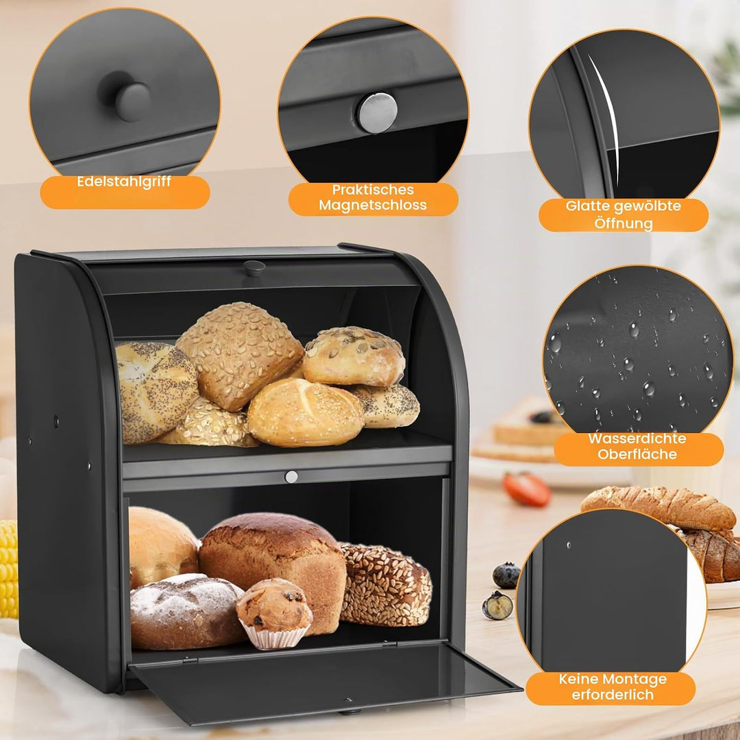 Brotbox aus Metall für Küchenarbeitsplatte, Doppelschicht, Roll-Top-Brotaufbewahrungsbehälter, Leben
