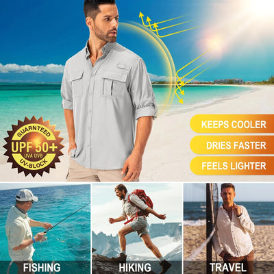 Asfixiado Hemd Herren Safari UPF50+ UV Schutz Wanderhemd Herren Langarm Funktionshemd Outdoorhemd At