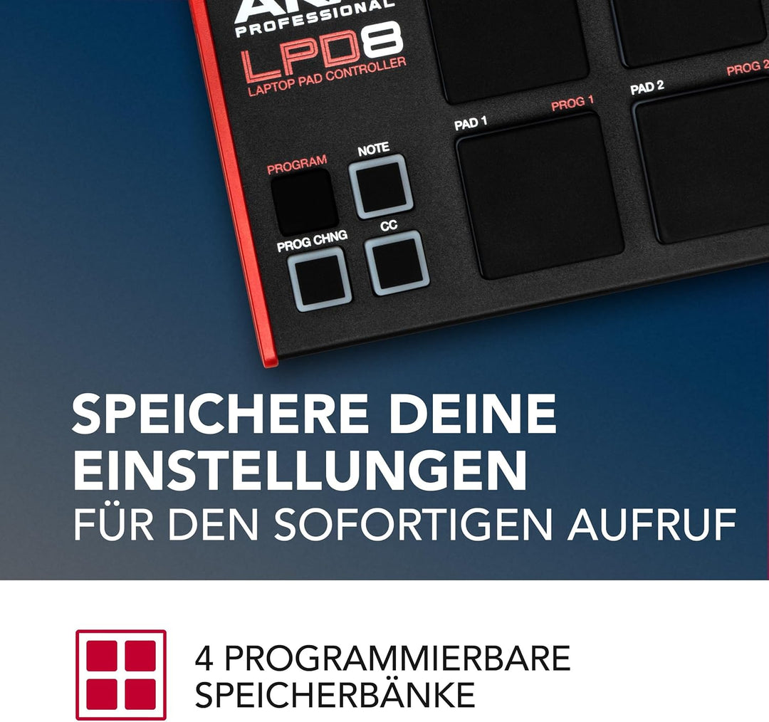 AKAI Professional LPD8 – USB MIDI Controller mit 8 responsiven MPC Drum Pads für Mac und PC, 8 zuwei