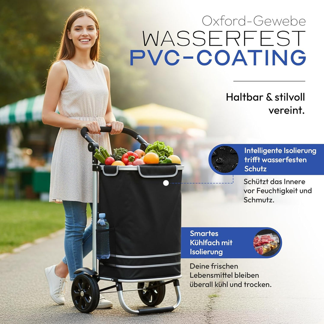 Dimono® Einkaufstrolley Rolltex Klappbarer 3 in1 Trolley zum Einkaufen; 56 Liter inkl. Kühlfach; Tra