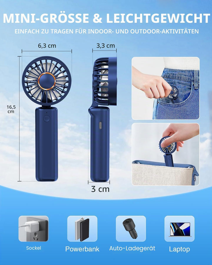 Tragbarer Handventilator, Mini-Schreibtischventilator, faltbar, 2000 mAh, 180 ° Ratotion, 3 Geschwin