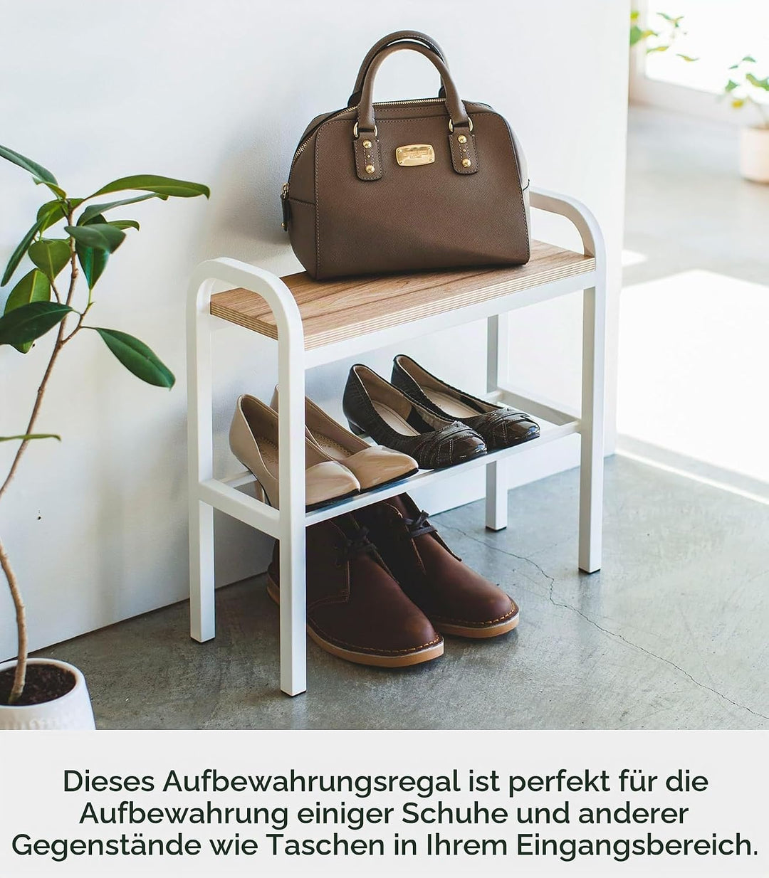 Yamazaki 4787 TOWER Schuhregal mit Holzablage, weiss, Stahl/Schichtholz, Minimalistisches Design, We