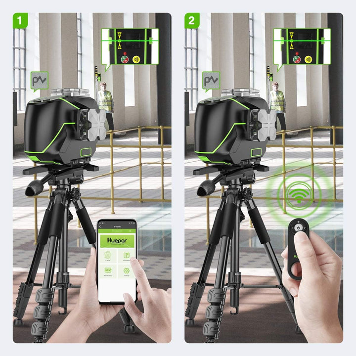 Huepar 3x360°selbstnivellierendes Laserniveau mit LCD-Bildschirm, 3D Bluetooth-Verbindung Grüner Str