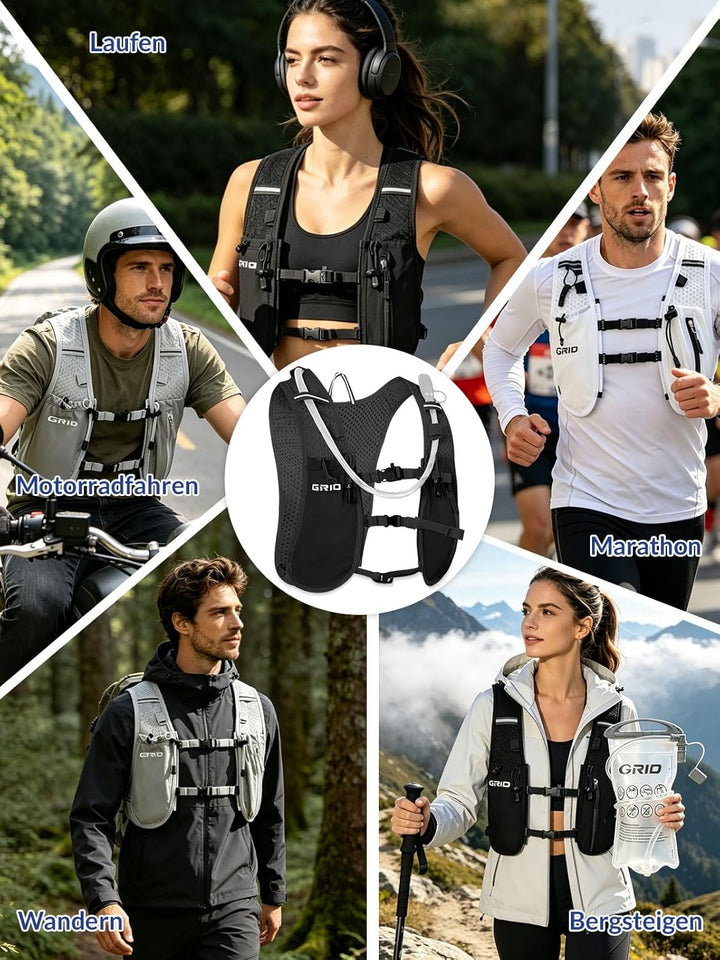 GRIO Laufweste mit 1.5L Trinksystem, Leichte Hydration Weste für Damen & Herren, Atmungsaktiv & Refl