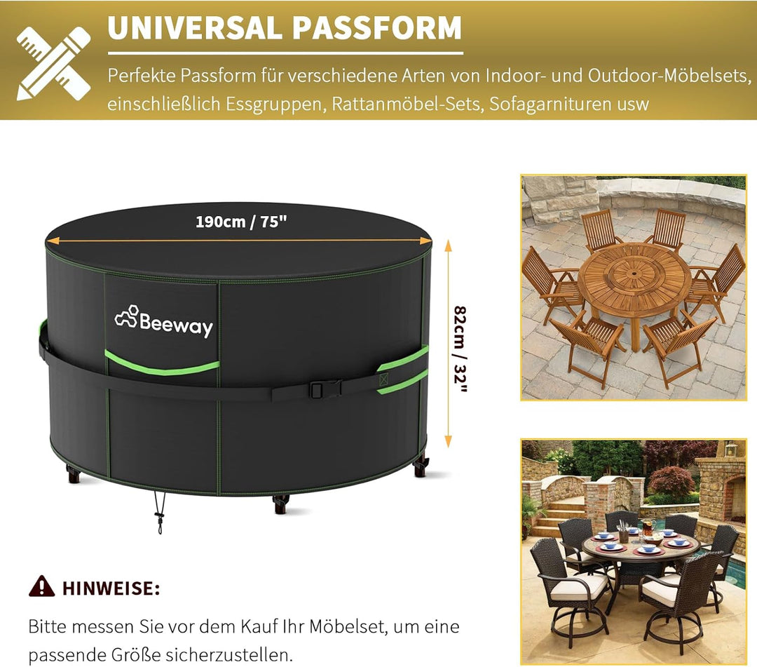 BEEWAY Gartenmöbel Abdeckung Wasserdicht V2.0 Φ190x82cm Rund, Schutzhülle Abdeckplane für Gartentisc