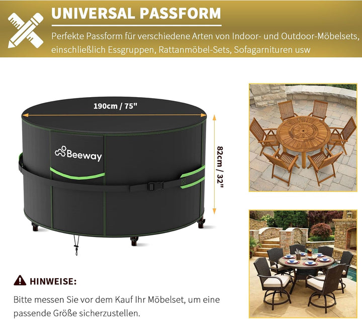 BEEWAY Gartenmöbel Abdeckung Wasserdicht V2.0 Φ190x82cm Rund, Schutzhülle Abdeckplane für Gartentisc