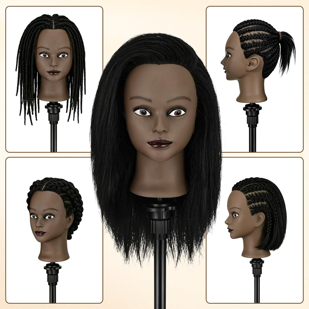 TwoWin 16 Zoll /40 cm Afro Trainingsköpfe für Friseure, Frisierkopf mit 100% Echthaar, Übungskopf Af