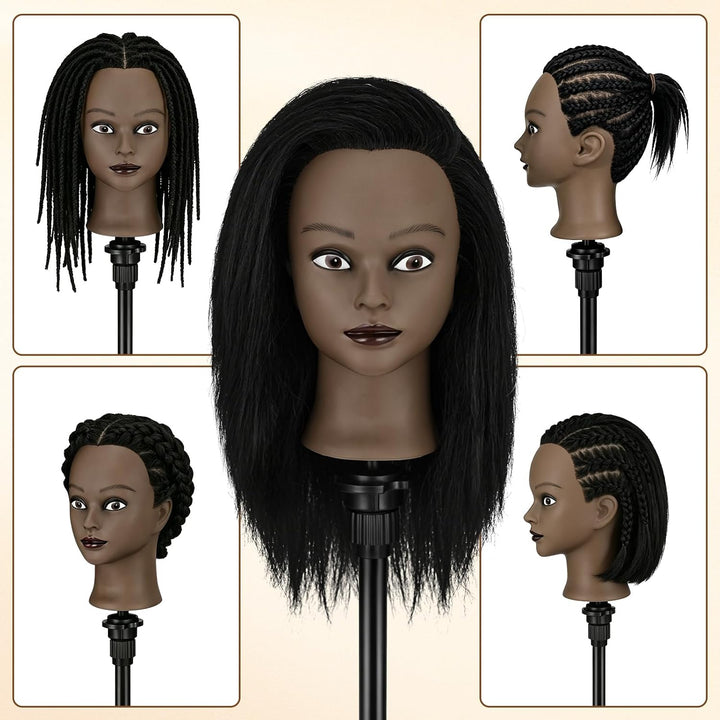 TwoWin 16 Zoll /40 cm Afro Trainingsköpfe für Friseure, Frisierkopf mit 100% Echthaar, Übungskopf Af