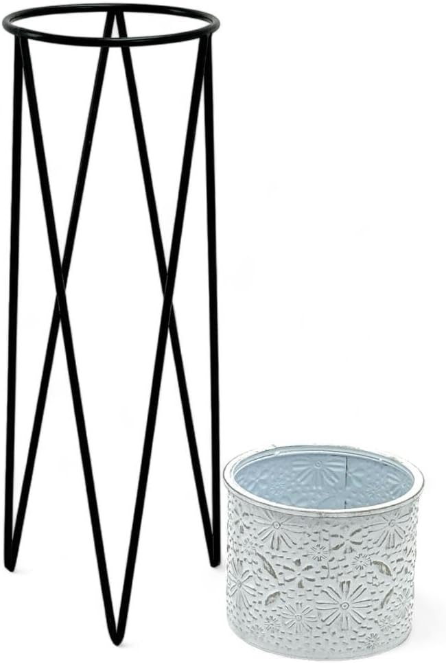DanDiBo Blumenhocker mit Topf Metall Schwarz Weiss L 75 cm Blumenständer 96043 Blumensäule Modern Pf