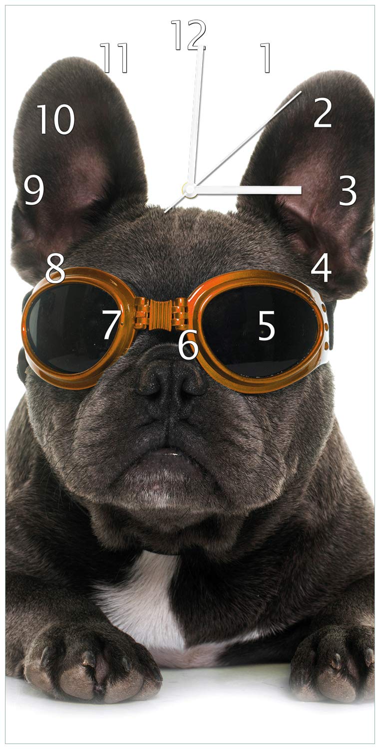 Wallario Design-Wanduhr Cooler Hund mit Sonnenbrille in orange - Französische Bulldogge aus Glas, Mo
