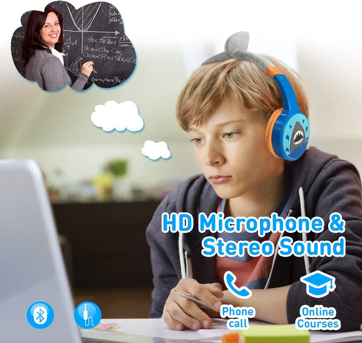Bluetooth Kopfhörer Kinder, Shark Kinder Kopfhörer mit Kabel, Mikrofon, 85dB Lautstärkebegrenzung, 3