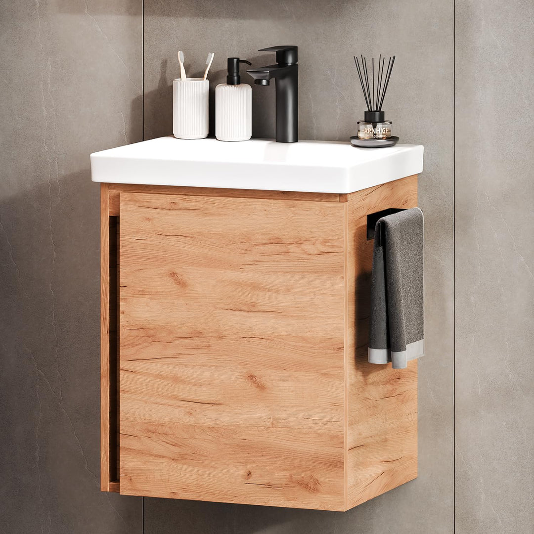 Planetmöbel Waschtischunterschrank 50 cm Gold Eiche mit Armatur Schwarz mit Wasserhahn Schwarz matt