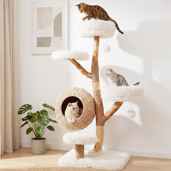COSTWAY Kratzbaum Holz, 134 cm hoch, Katzenbaum mit Katzenkorb (Weiss) | Katzenturm mit 4 Plüschsitz