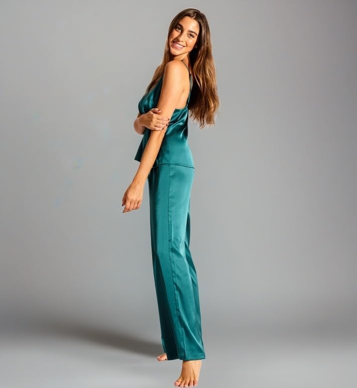 Laura in - Damen-Kleidungsset Satin-Seidenpyjama für Damen 2-teilig einfarbig Satin-Schlafanzug Top-
