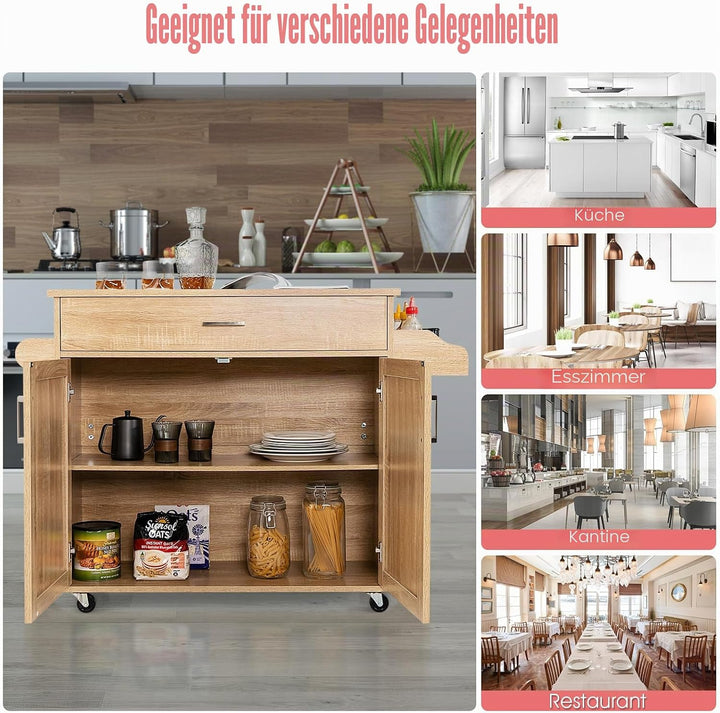 KOMFOTTEU Küchenwagen Servierwagen mit Arbeitsplatte, Küchenschrank Holz mit Rollen, Kücheninsel küc