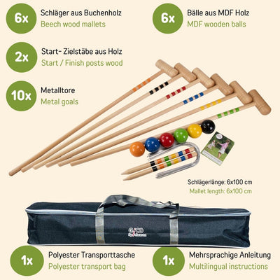 Qualitäts Krocketspiel/Krocket/Crocket für 6 Spieler (100 cm Erwachsenengrösse) mit Transporttasche