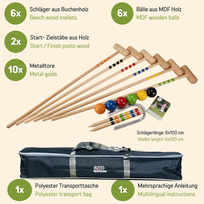 Qualitäts Krocketspiel/Krocket/Crocket für 6 Spieler (100 cm Erwachsenengrösse) mit Transporttasche