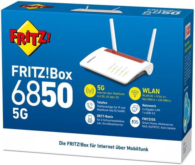 AVM FRITZ!Box 6850 5G (Mobilfunk-Internet bis zu 1.300 MBit/s, WLAN AC+N bis 866 MBit/s (5 GHz) & 40