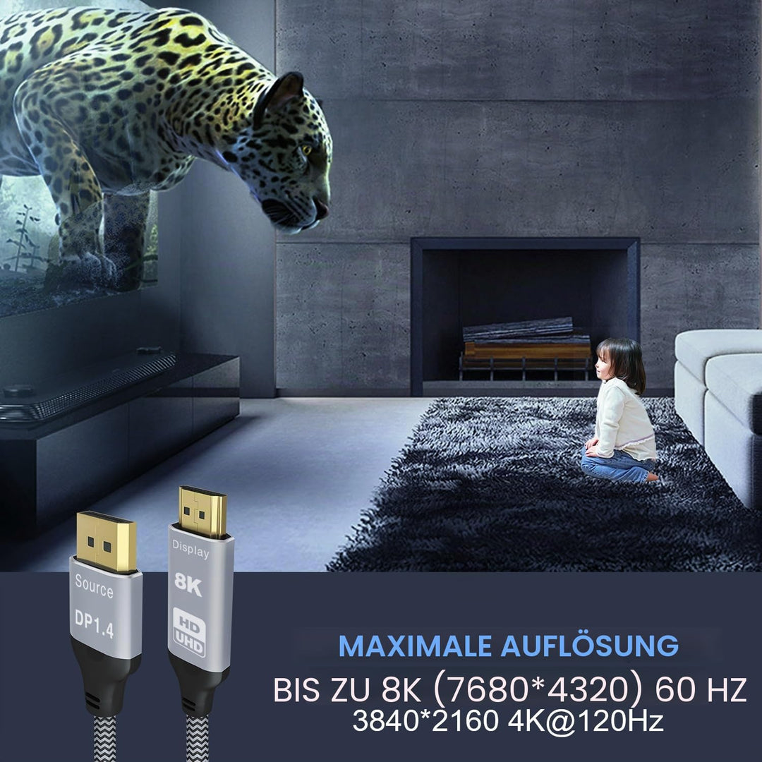 DisplayPort auf HDMI 8K Kabel, 8K @ 60Hz 4K @ 120Hz unidirektional DP1.4 (Quelle) auf HDMI 2.1 (Disp
