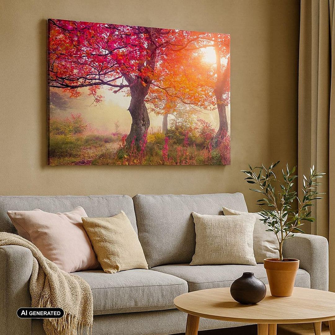 Bilder auf Leinwand 100x70cm Leinwandbild mit Rahmen Baum Natur Wiese Gross Wanddeko Bild Schlafzimm