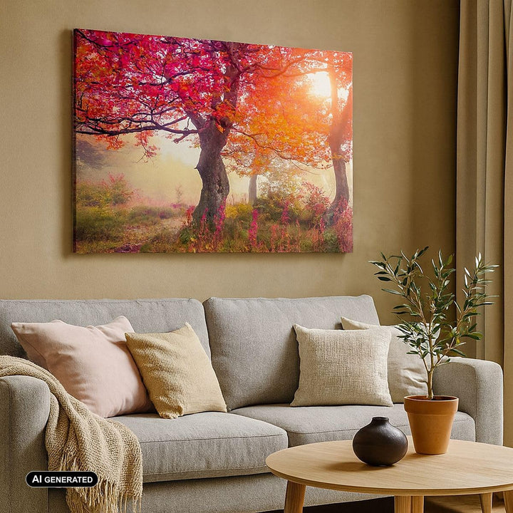 Bilder auf Leinwand 100x70cm Leinwandbild mit Rahmen Baum Natur Wiese Gross Wanddeko Bild Schlafzimm