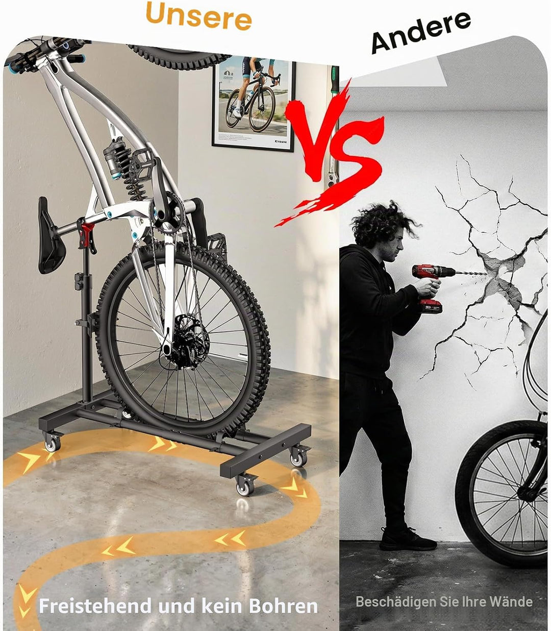 Housolution Vertikaler Fahrradständer mit 360°-Rädern bis 29 Zoll, [2 Stück], höhenverstellbar, bohr