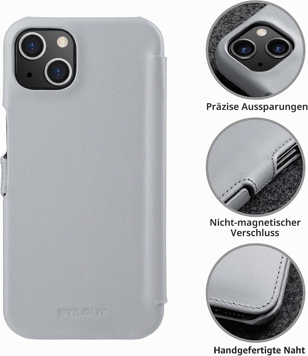 STILGUT Book Case kompatibel mit iPhone 13 mini (5.4“) Hülle aus Leder mit Clip-Verschluss, Klapphül