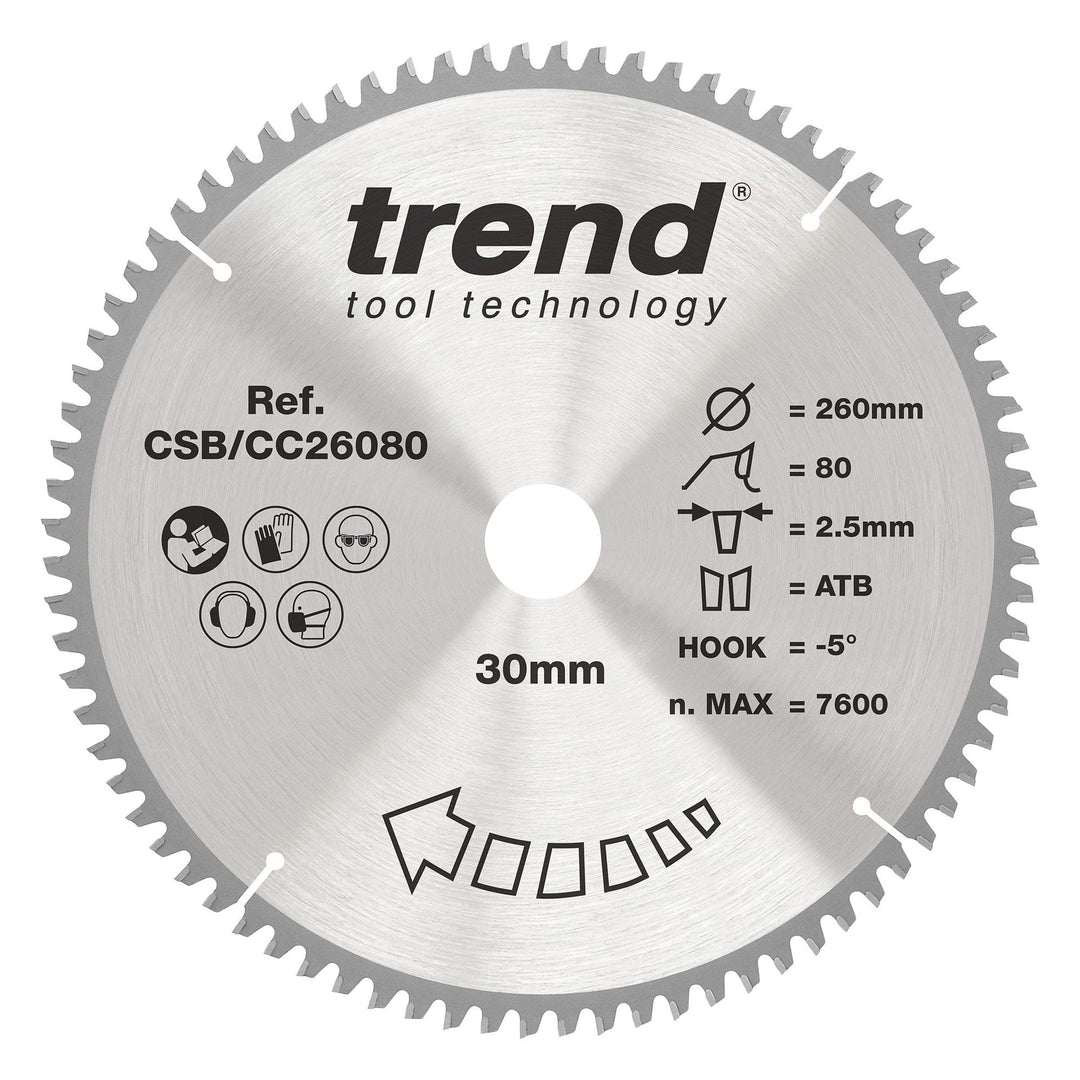 Trend Holz Kappsägeblatt, 260mm Durchmesser, 30mm Bohrung, 80 Zähne, HW, 2,3mm Schnittbreite, -5° Ha