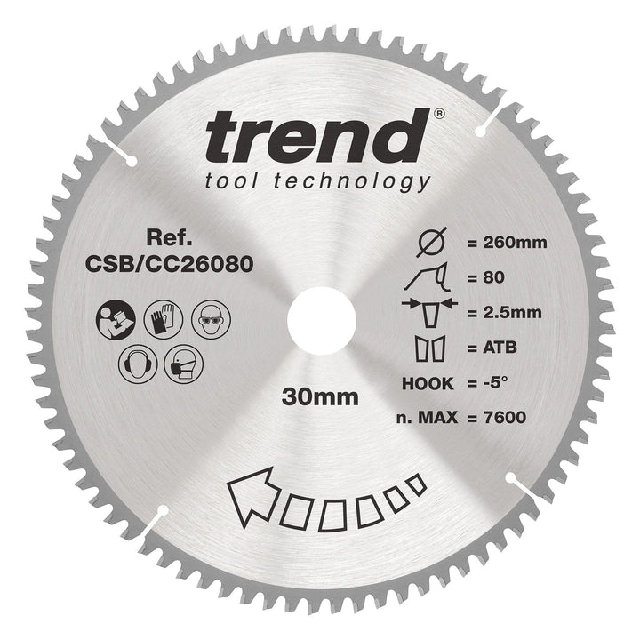 Trend Holz Kappsägeblatt, 260mm Durchmesser, 30mm Bohrung, 80 Zähne, HW, 2,3mm Schnittbreite, -5° Ha
