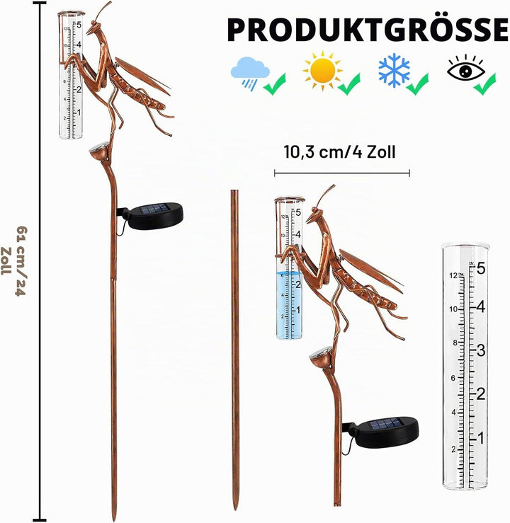 BORDEAG Solar Regenmesser für Garten mit Erdspiess und LED, Solarbetriebener Regenmesser, Dekorative
