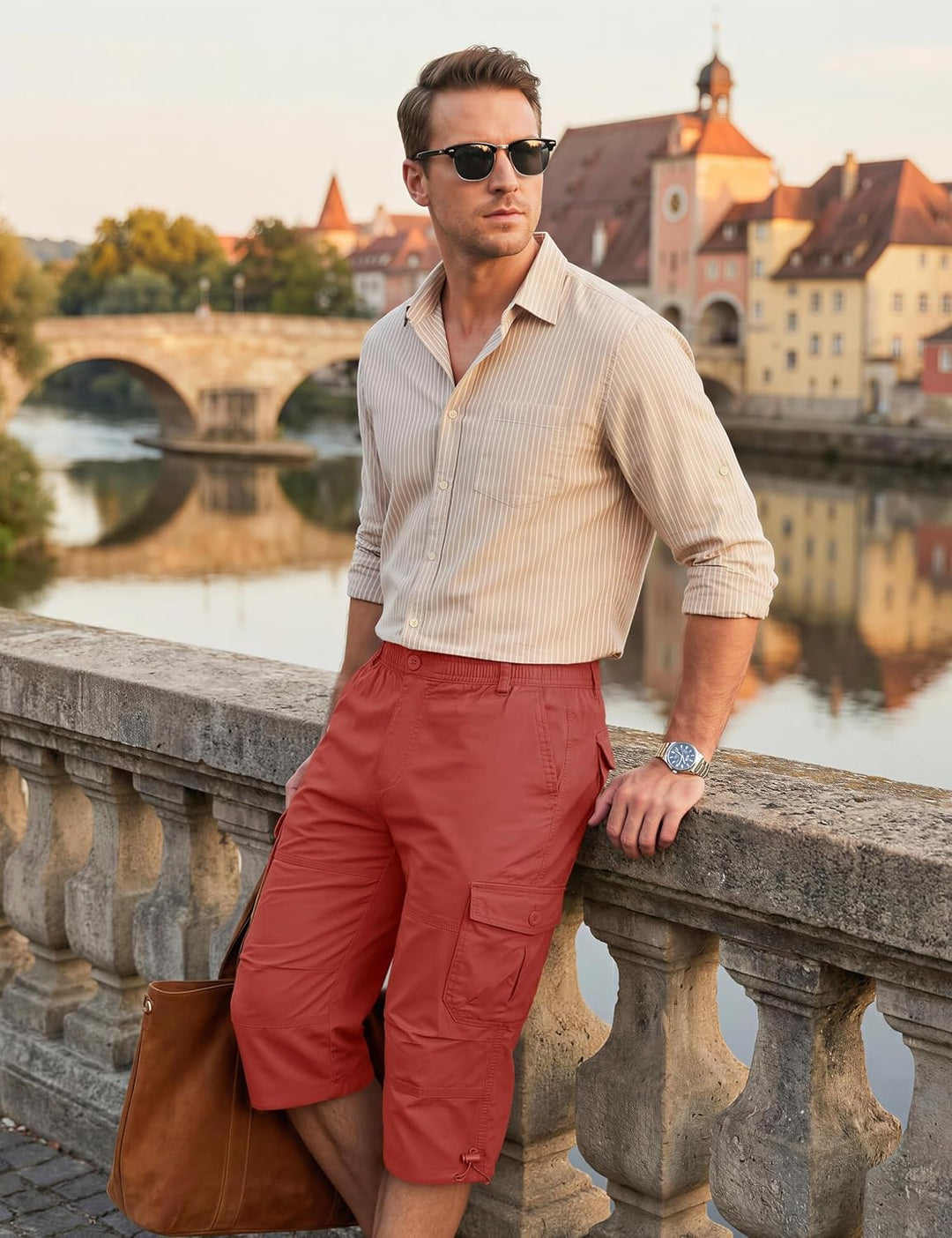 KEFITEVD 3/4 Hose Herren Cargo Shorts Männer Bermuda Shorts Multi Taschen Sommer Kurze Hose Baumwoll