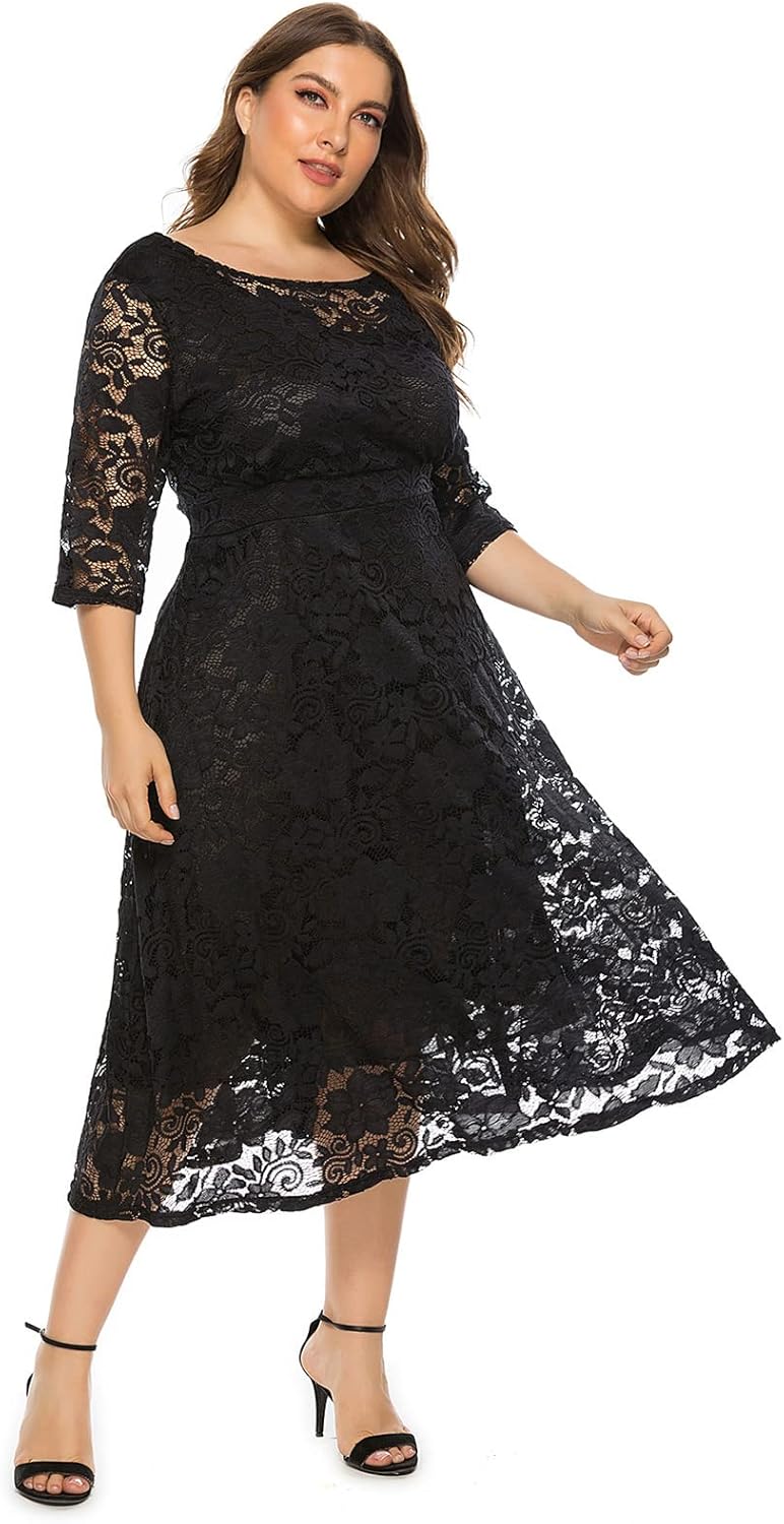 Odizli Damen Elegant 3/4 Ärmel Spitzenkleid Hochzeit Festlich Coctailkleid Abendkleid Grosse Grössen