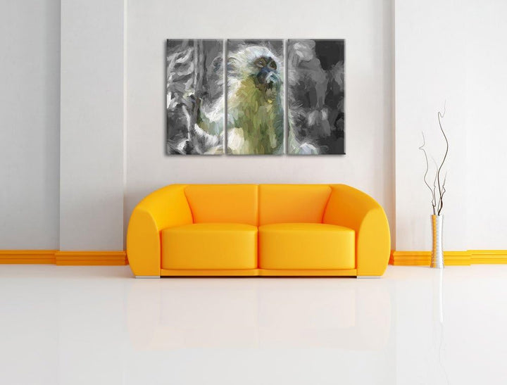 junges Äffchen auf Baum schwarz/weiss Spezial 3-Teiler Leinwandbild 120x80 Bild auf Leinwand, XXL ri